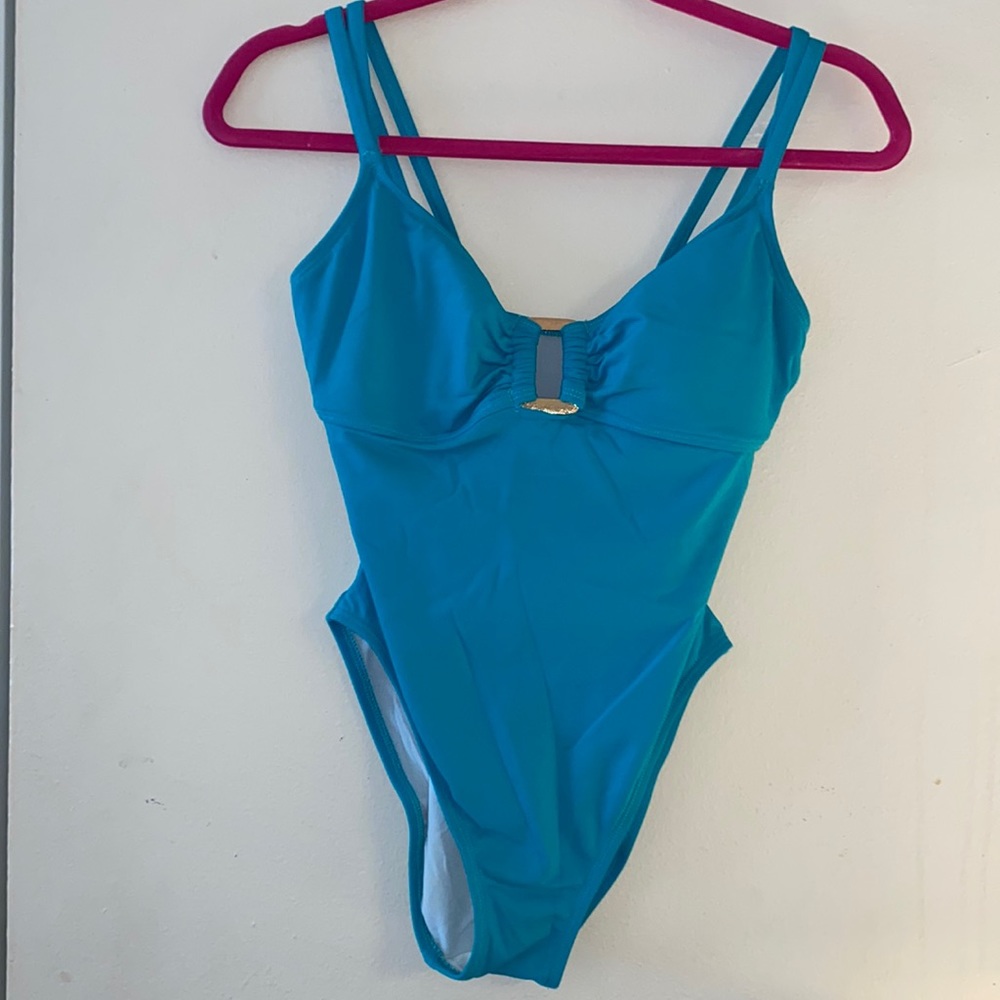 Turquoise Anne Cole One piece swim suit with Gold pendent